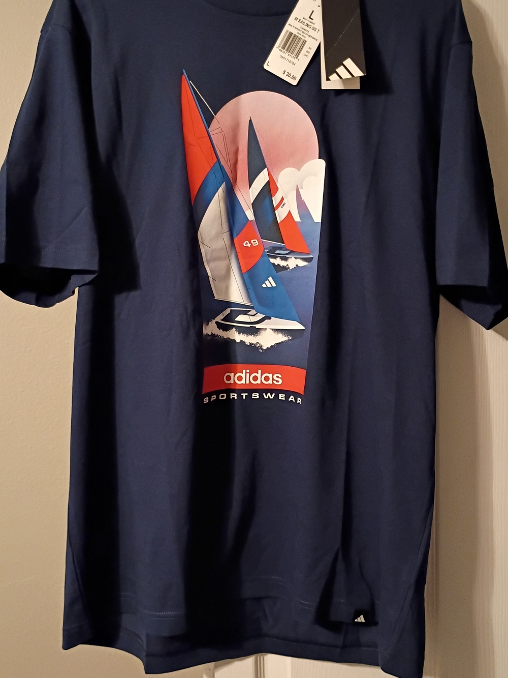adidas Navy Short-Sleeve Sailing Graphic Tee with Red & Blue Accents